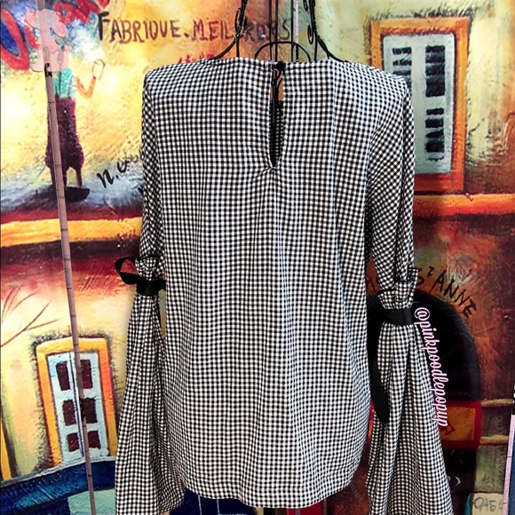 RD Style B&W Checked Shirt W/ Long Flared Sleeves - Picture 2 of 7